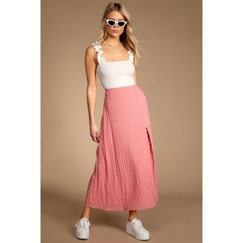 Lulus True Trend Coral Pink Crinkled Midi Skirt - Size M